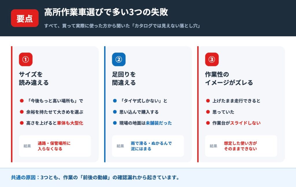 高所作業車選びで多い3つの失敗（サイズ・足回り・作業性のイメージ）