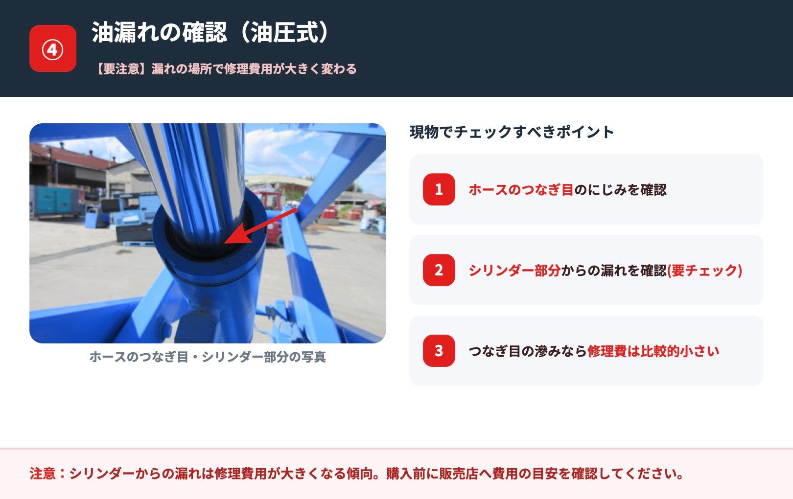 電動高所作業車の油漏れの確認(ホースのつなぎ目・シリンダー)