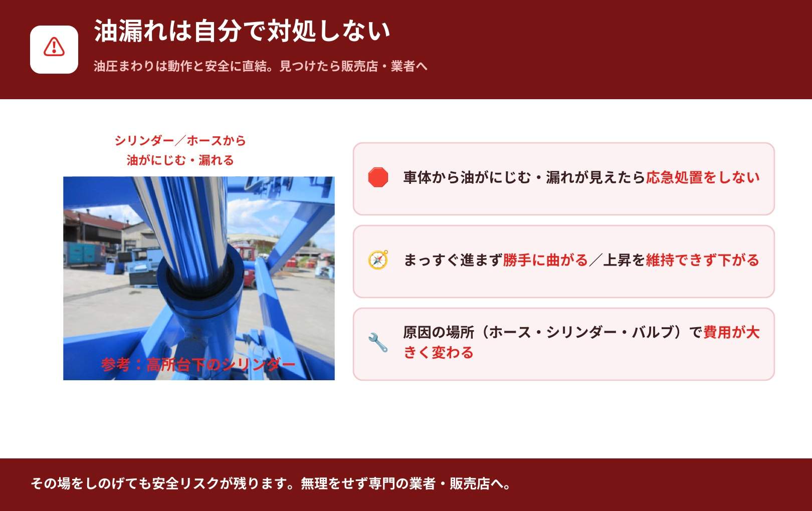 電動高所作業車で油漏れが起きやすい箇所