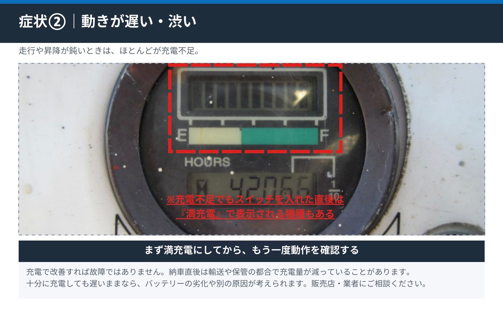 電動高所作業車のバッテリー残量計の表示。残量が少ない状態