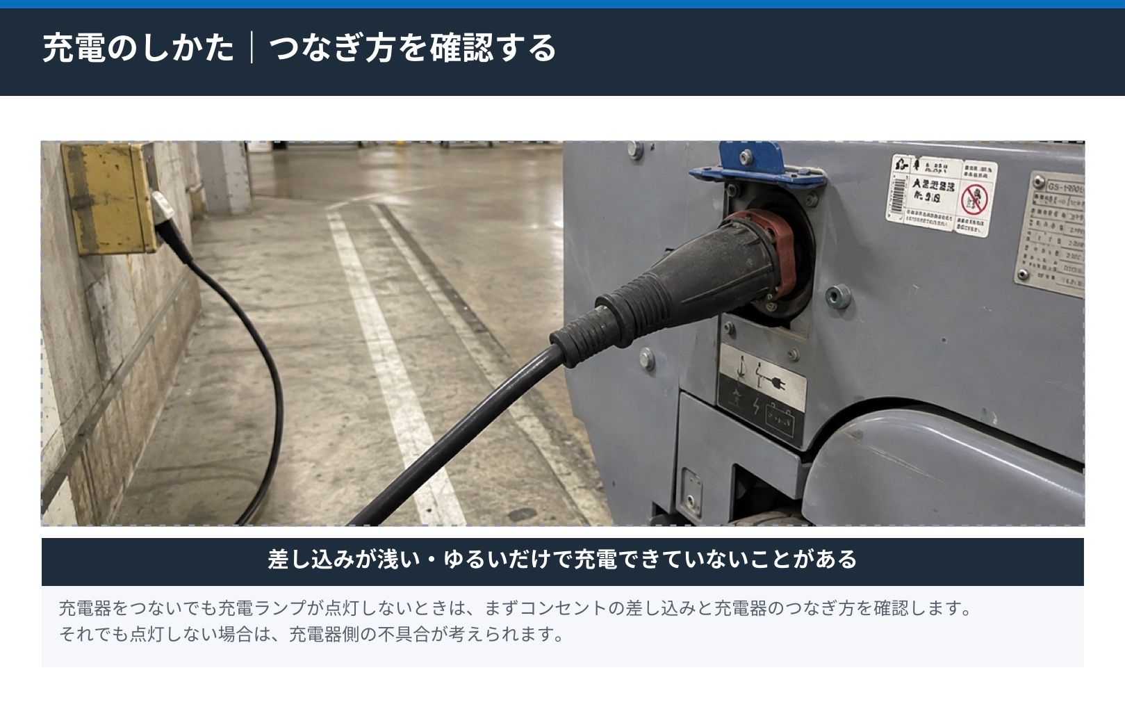充電器のプラグを電動高所作業車の充電コネクターに差し込んだ状態