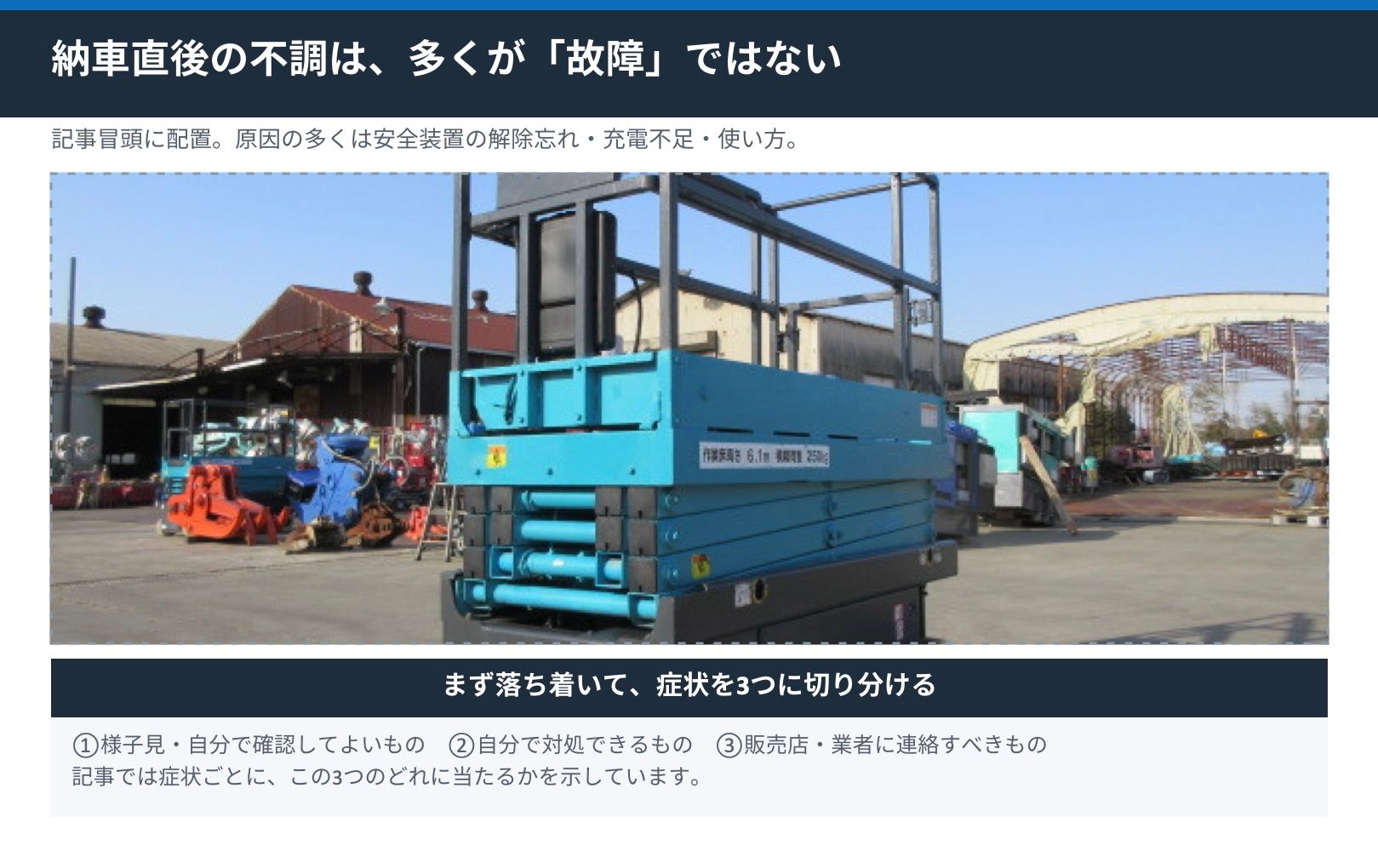 中古の電動高所作業車の全体外観。納車直後の不調は多くが故障ではない