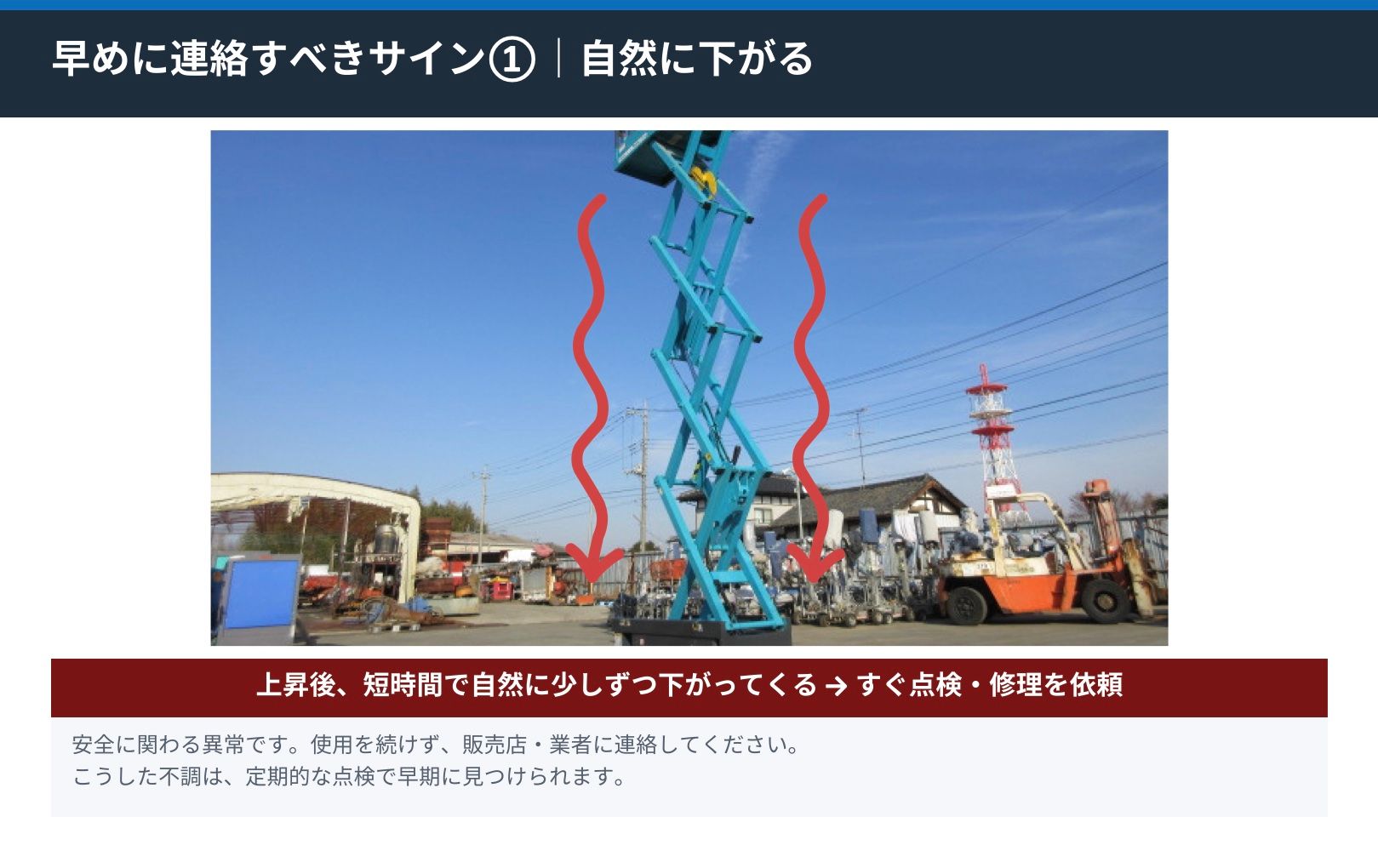 上昇させた電動高所作業車の作業テーブルと、自然に下がってくることを示す矢印
