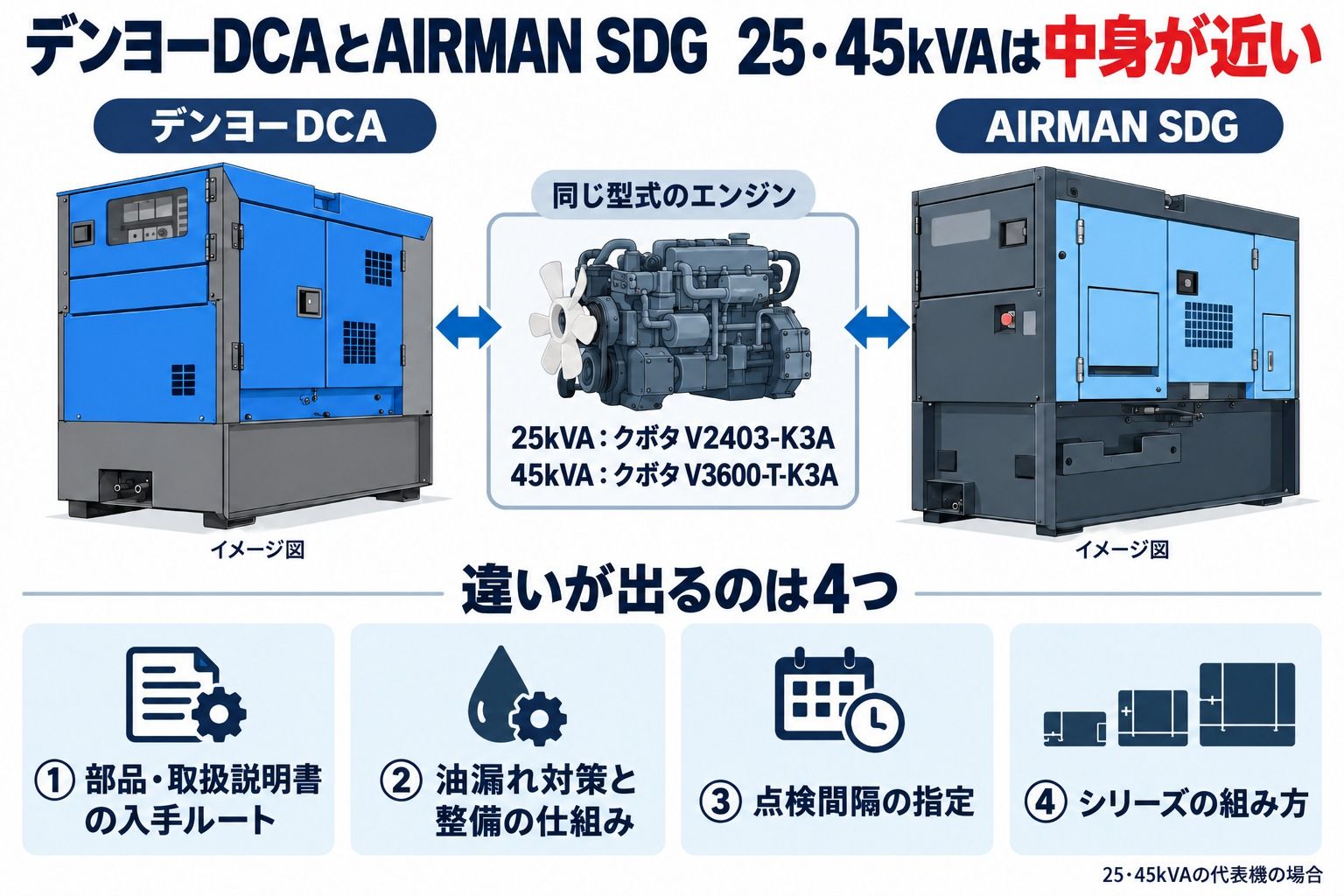 デンヨーDCAとAIRMAN SDGの比較の結論図。25kVAはクボタV2403-K3A、45kVAはクボタV3600-T-K3Aと同じ型式のエンジン。違いが出るのは部品・取扱説明書の入手ルート、油漏れ対策と整備の仕組み、点検間隔の指定、シリーズの組み方の4つ(発電機の絵はイメージ図)