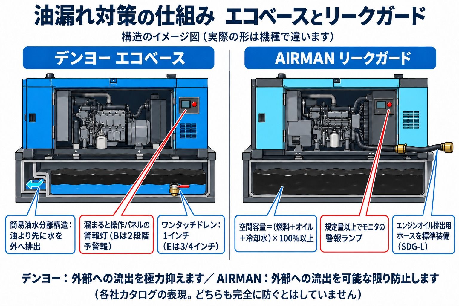イメージ図(イラスト):油漏れ対策の構造。デンヨーのエコベースとAIRMANのリークガード(オイルフェンス)の比較