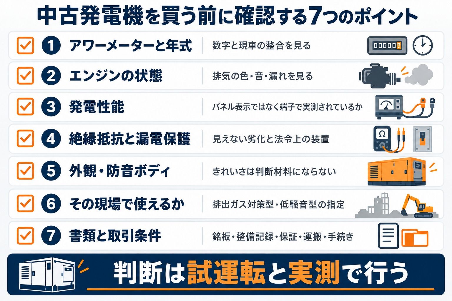 中古発電機を買う前に確認する7つのポイントのチェックリスト。アワーメーターと年式、エンジンの状態、発電性能、絶縁抵抗と漏電保護、外観・防音ボディ、その現場で使えるか、書類と取引条件。判断は試運転と実測で行う。