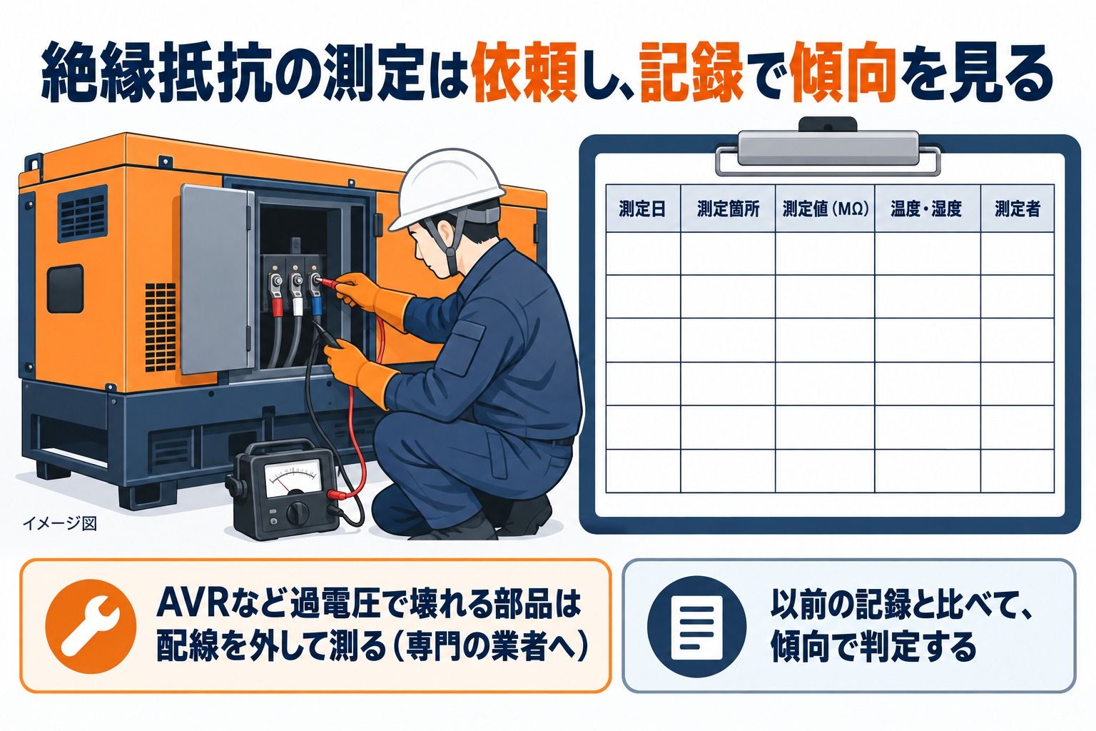 整備担当者が絶縁抵抗計(メガー)で発電機を測るイメージ図と、測定日・測定箇所・測定値・温度湿度・測定者の欄がある空欄の記録票。AVRなどは配線を外して専門の業者が測り、以前の記録と比べて傾向で判定する。