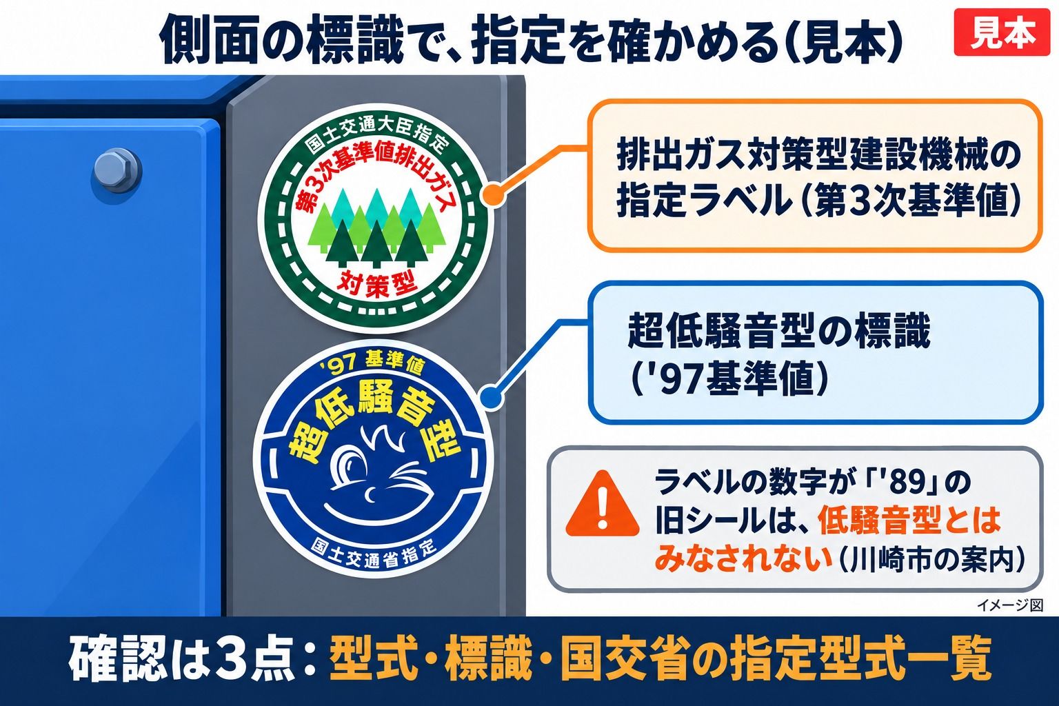 発電機の側面に貼る標識の見本。第3次基準値の排出ガス対策型建設機械の指定ラベルと、'97基準値の超低騒音型の標識。'89の旧シールは低騒音型とはみなされない(川崎市の案内)。確認は型式、標識、国交省の指定型式一覧の3点。