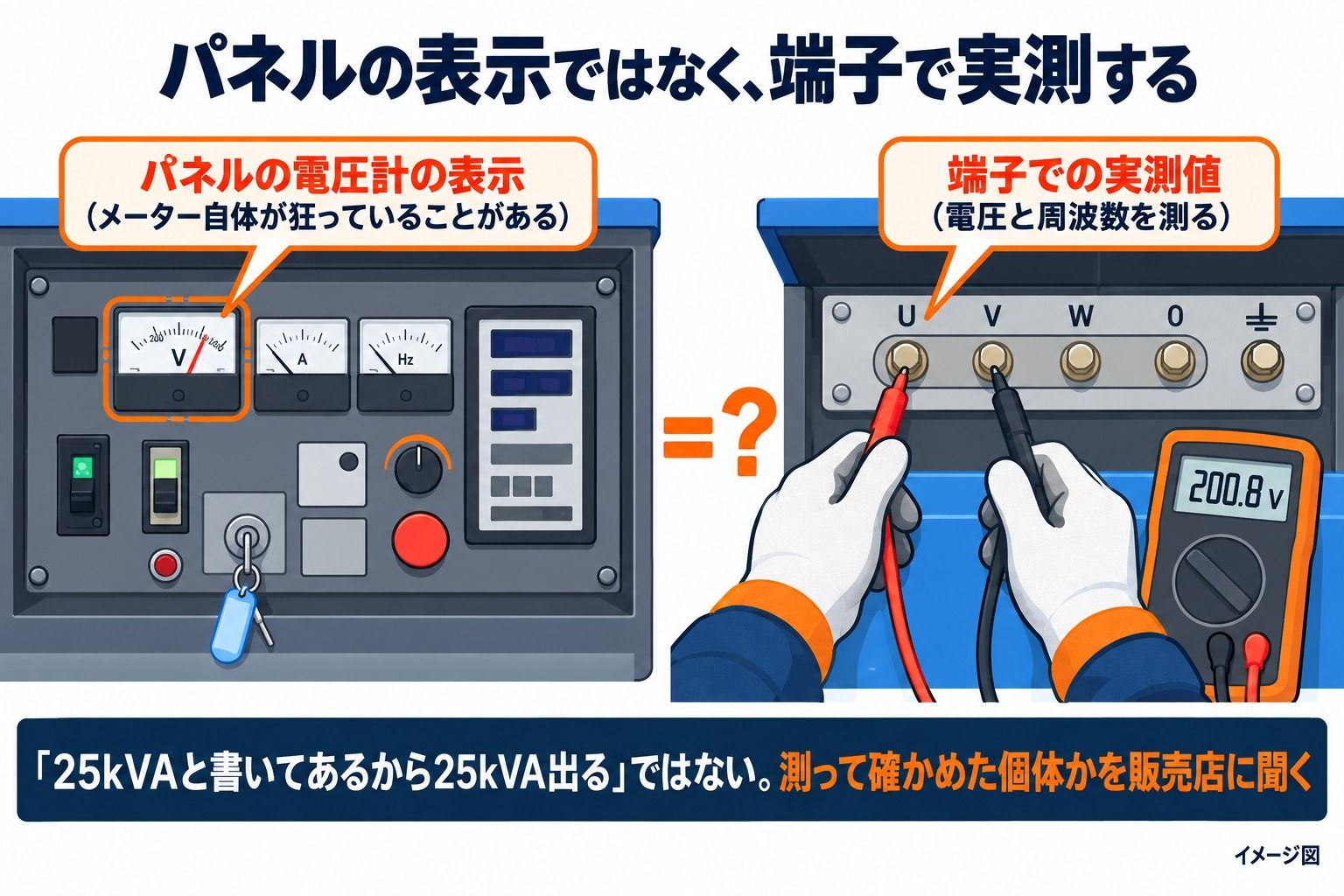 パネルの電圧計の表示と、出力端子にテスターを当てた実測値(200.8V)を見比べるイメージ図。メーター自体が狂っていることがあるため、端子で測って確かめた個体かを販売店に聞く。