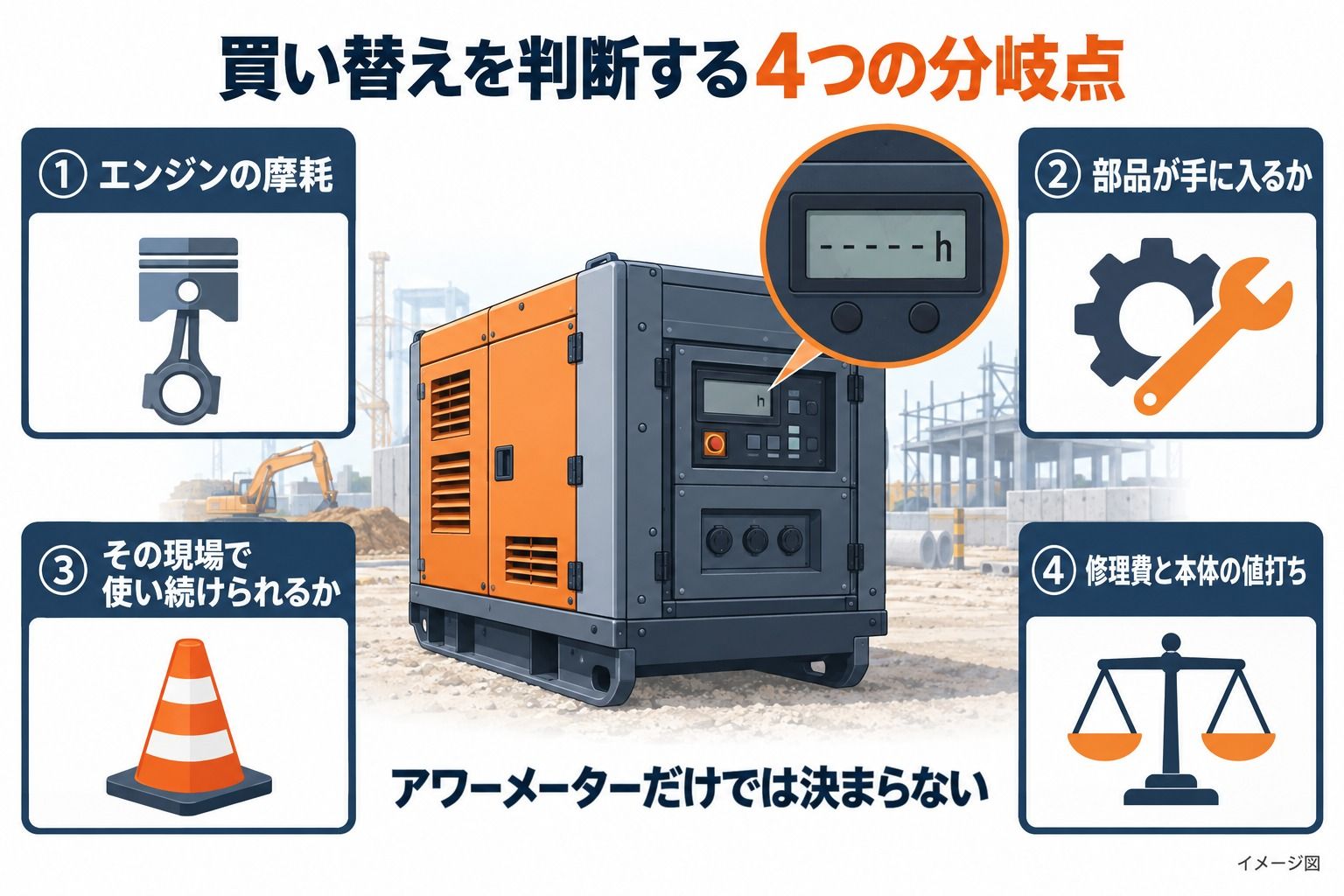 イメージ図(イラスト):発電機の買い替えを判断する4つの分岐点(エンジンの摩耗、部品の入手、現場の指定、修理費と本体の値打ち)の全体図
