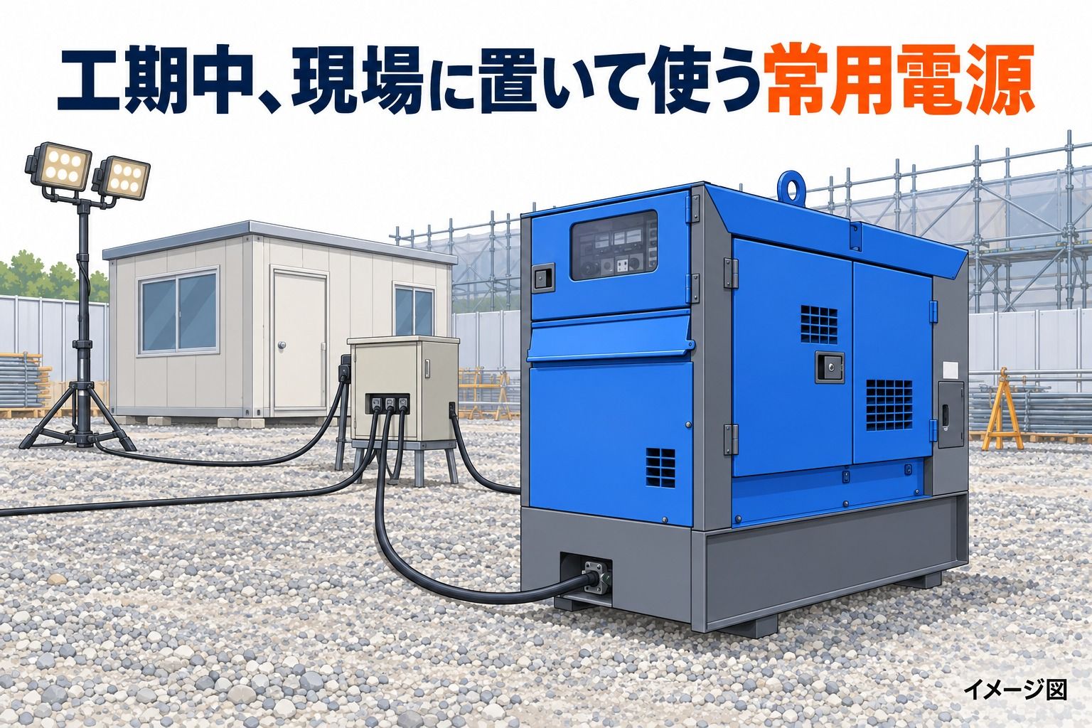 工事現場に据え置いた25kVAクラスの可搬型ディーゼル発電機のイメージ図。ケーブルが仮設の分電盤につながり、仮設事務所と投光器に電気を送っている。